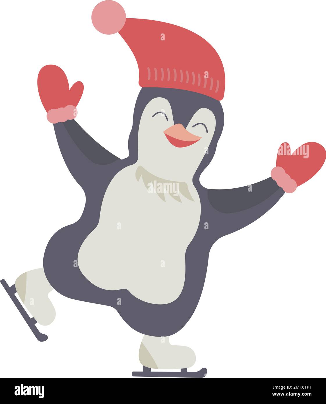 Cute Happy Little Skating Penguin in a red cap and mittens on transparent background Vector winter kid clip art Stock Vector