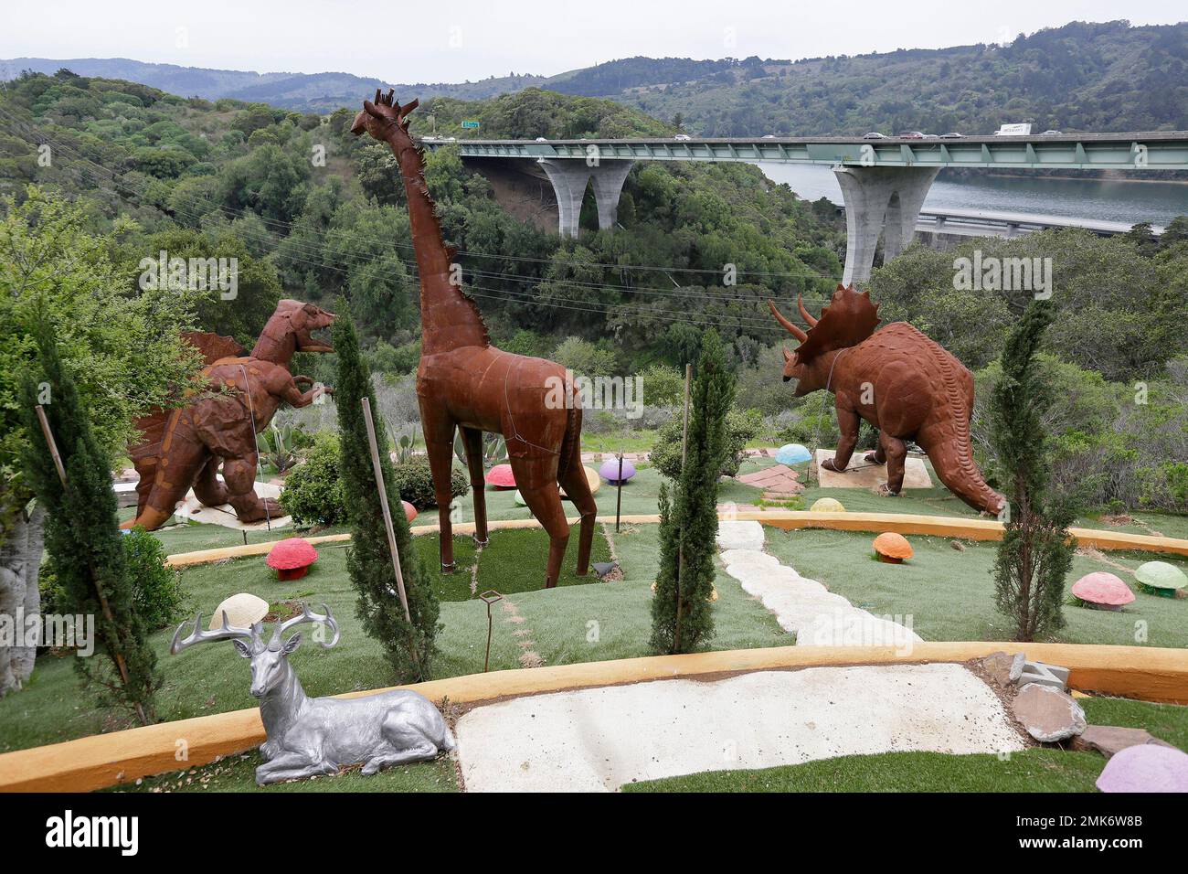 In this photo taken Monday, April 1, 2019, dinosaurs and other figures