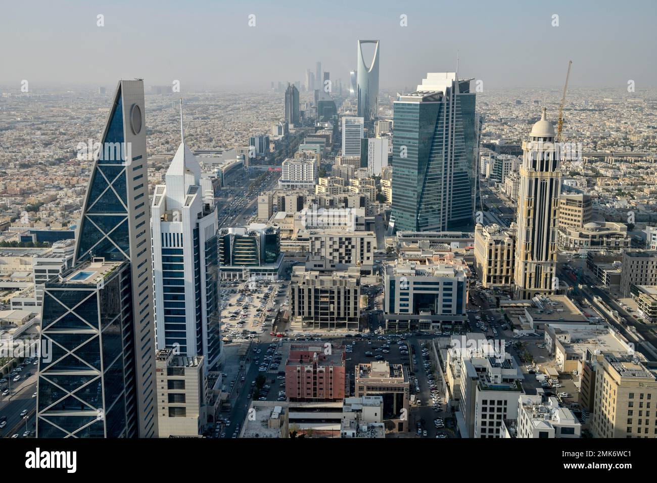 View from Al Faisaliah Tower over the skyline with the Kingdom Center, Riyadh, Saudi Arabia Stock Photo