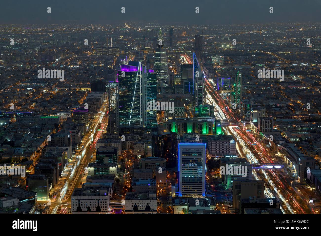 Panoramic view from the Sky Bridge, blue hour, Kingdom Center, Riyadh, Saudi Arabia Stock Photo