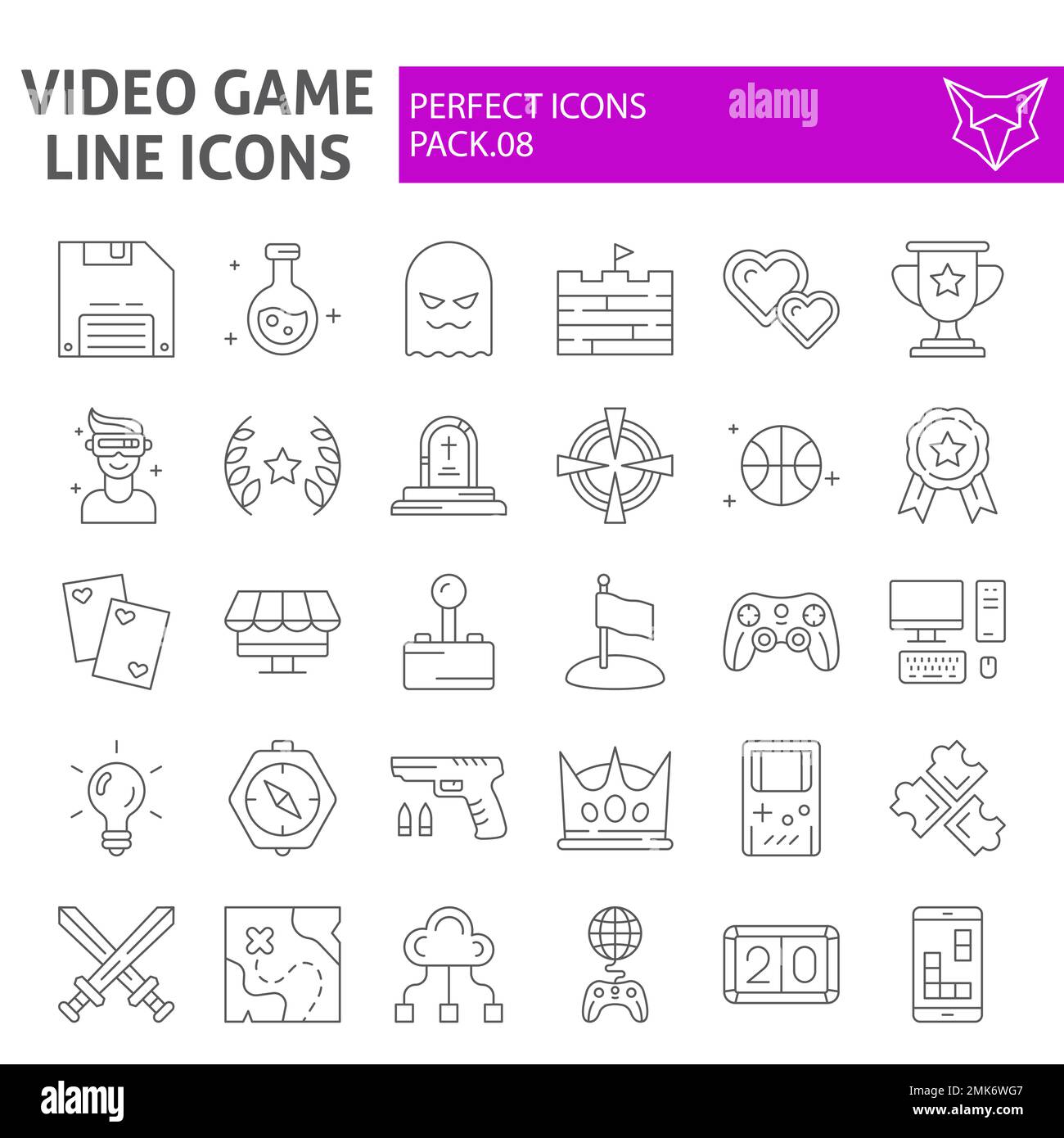 Video game thin line icon set, play symbols collection, vector sketches, logo illustrations, player signs linear pictograms package isolated on white background, eps 10. Stock Vector