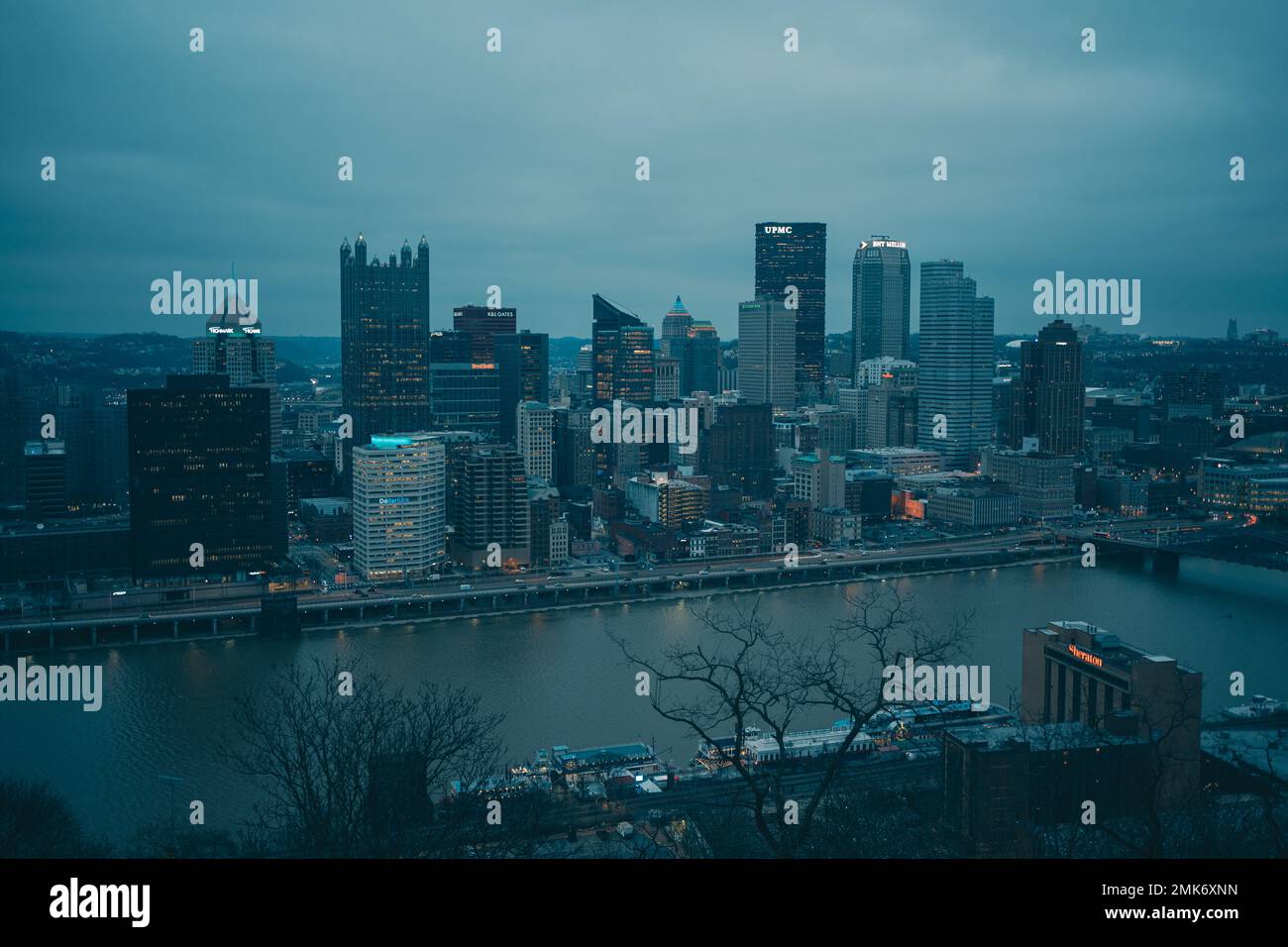Skyline view from Mount Washington at night, Pittsburgh, Pennsylvania Stock Photo