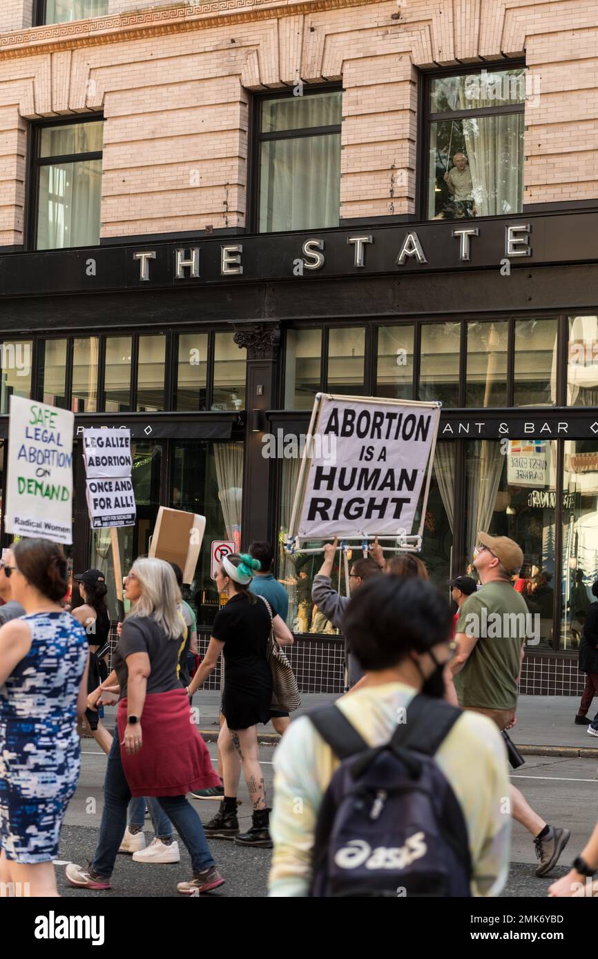 Seattle, USA. 8th Oct, 2022. The Rally to Defend Abortion Rights march on 2nd ave in downtown. Stock Photo
