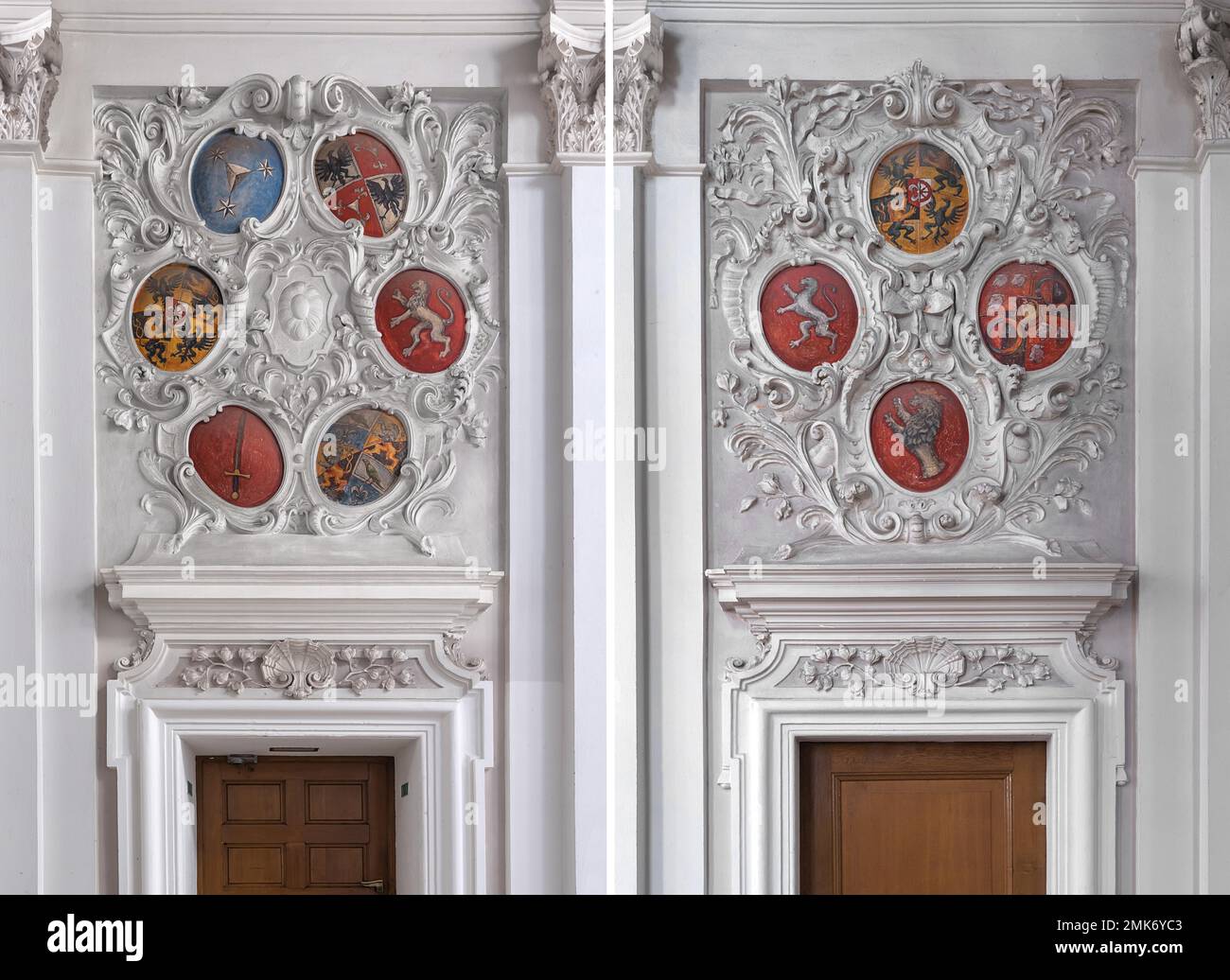 Two opposite wall decorations with integrated coats of arms in the choir of St. Egidien Church, Nuremberg, Middle Franconia, Bavaria, Germany Stock Photo