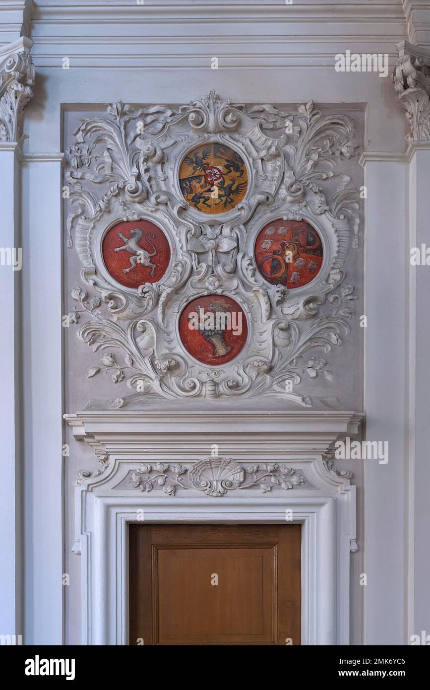 Wall decoration with integrated coat of arms in the choir of St. Egidien Church, Nuremberg, Middle Franconia, Bavaria, Germany Stock Photo