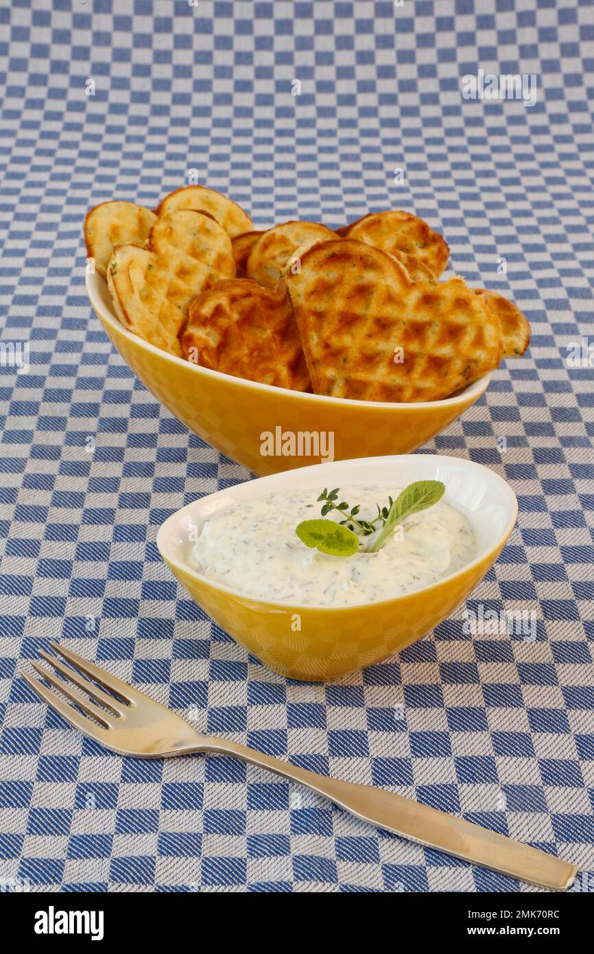 Southern German cuisine, herb curd cheese and waffles, fork, Germany Stock Photo Alamy