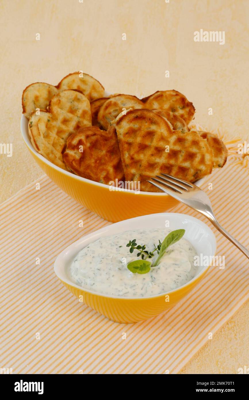 Southern German cuisine, herb curd cheese and waffles, fork, Germany Stock Photo Alamy