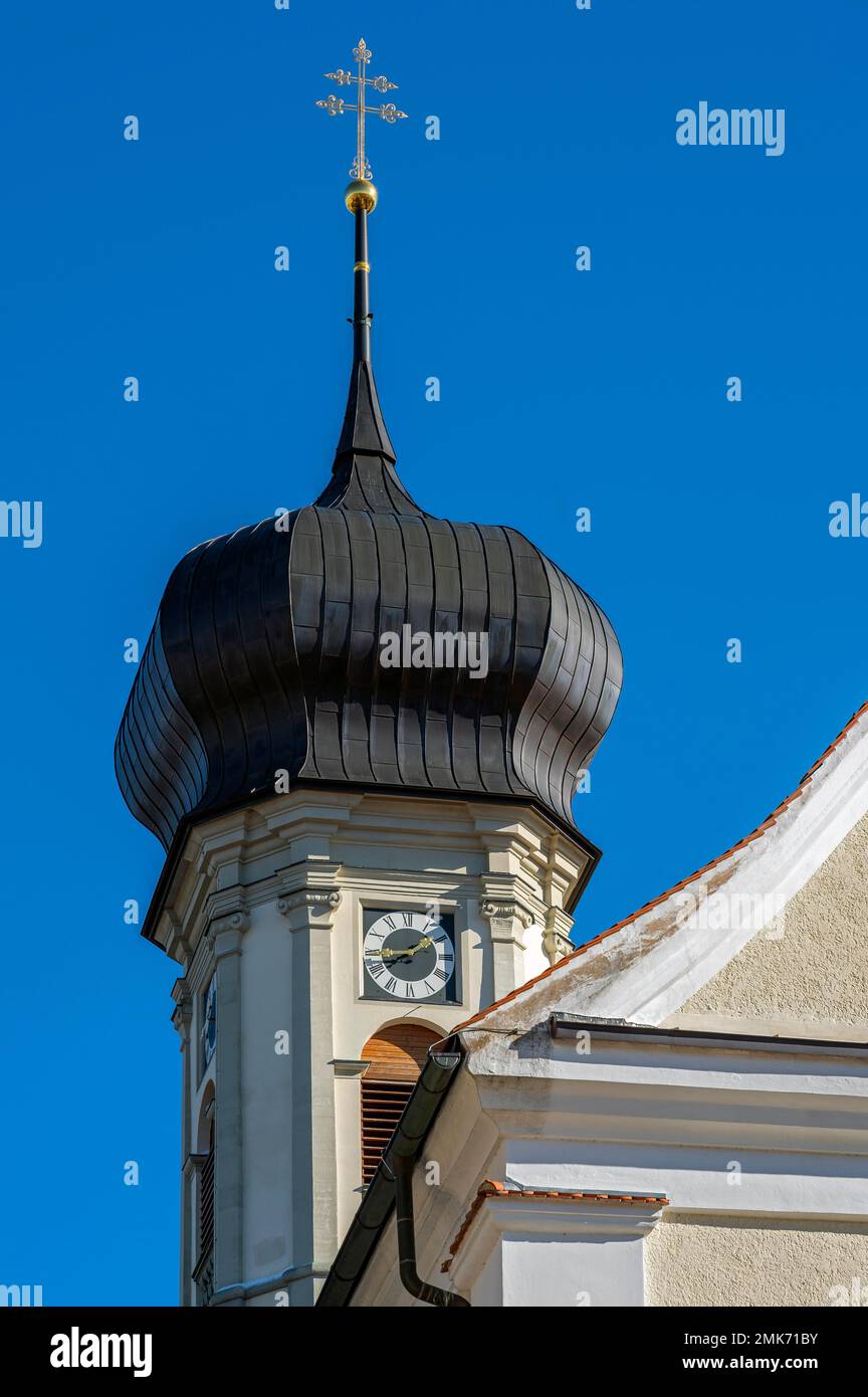 Onion tower with clock of St. and St. James Church, Isny