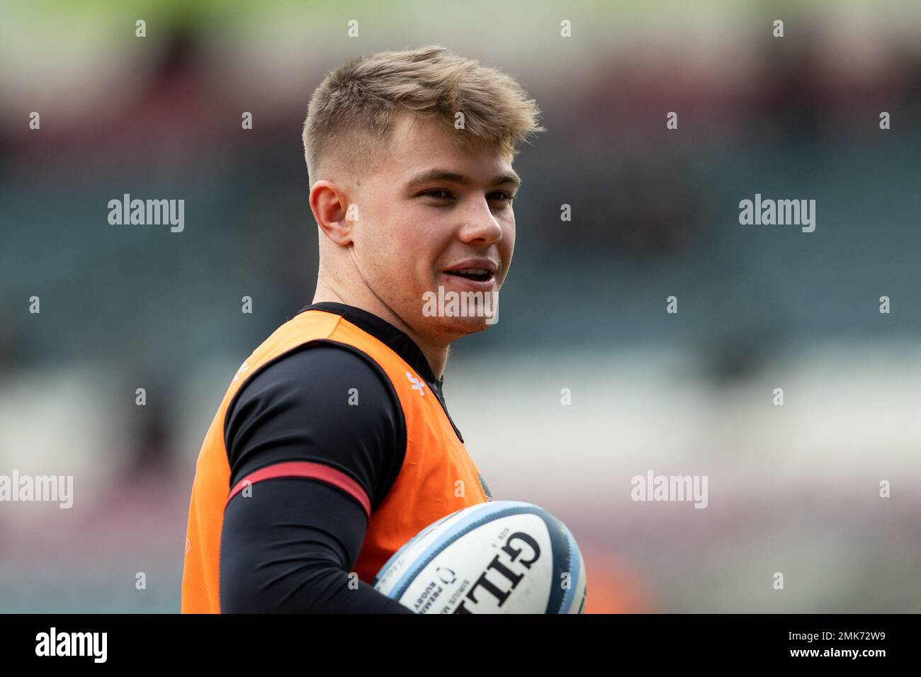 Charlie Atkinson of Leicester Tigers during the pre-match warm-up ahead of the Gallagher Premiership match Leicester Tigers vs Northampton Saints at Mattioli Woods Welford Road, Leicester, United Kingdom, 28th January 2023  (Photo by Nick Browning/News Images) Stock Photo