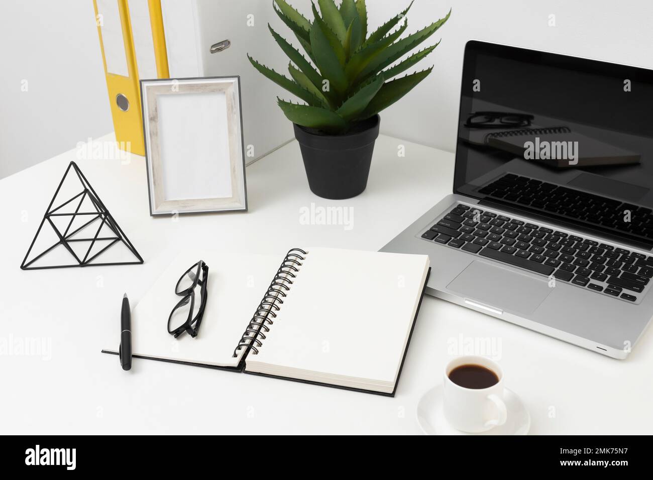 high angle office desk arrangement. High resolution photo Stock Photo