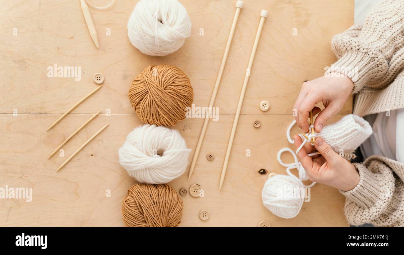 flat lay assortment knitting tools. High resolution photo Stock Photo