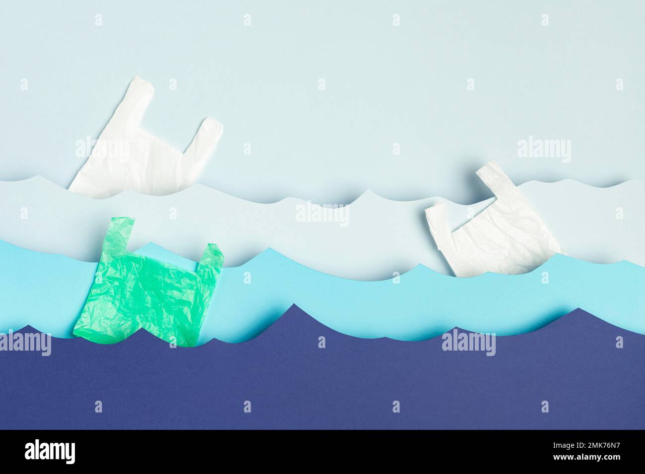 top view paper ocean waves plastic bags. High resolution photo Stock