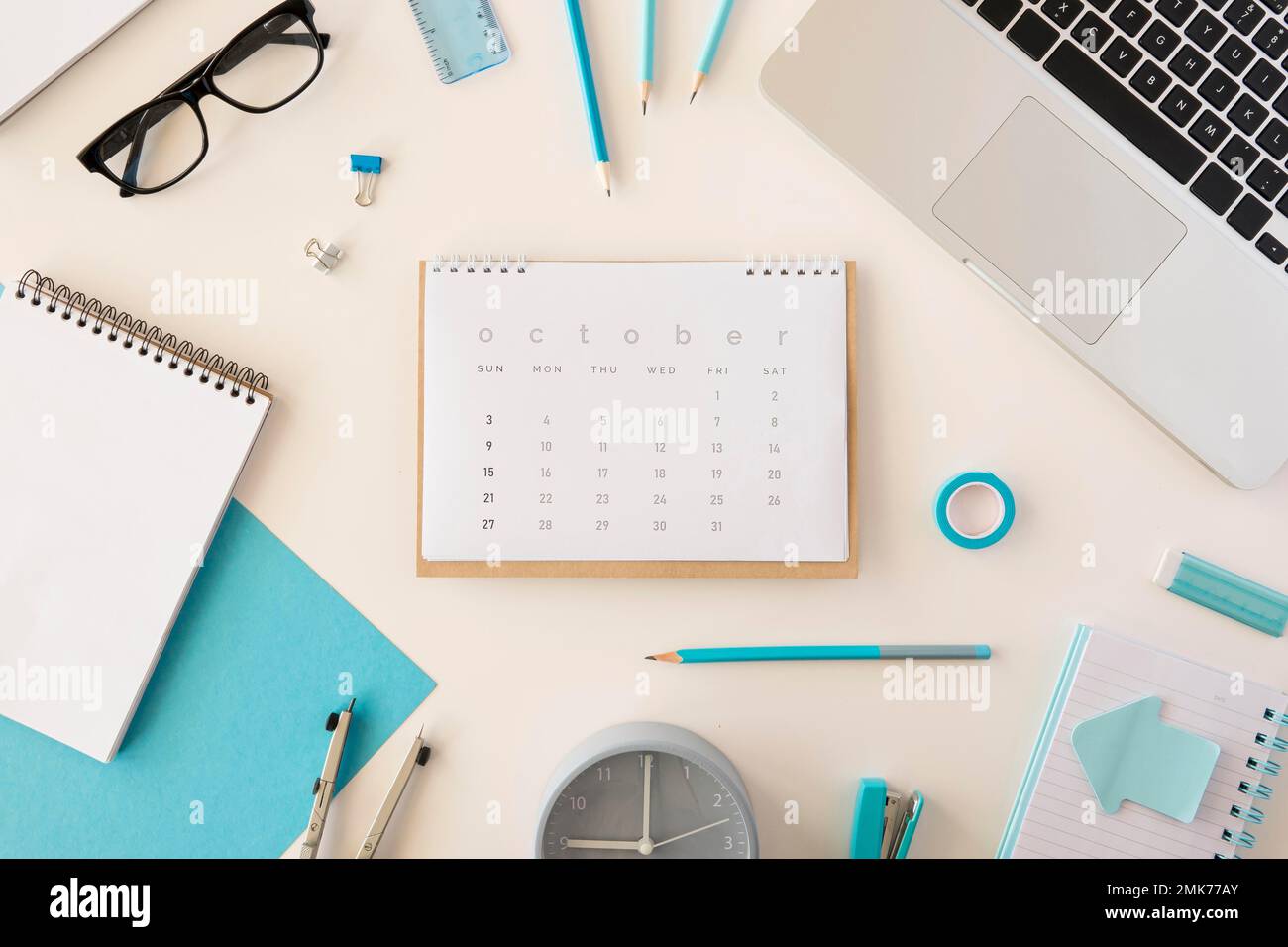 flat lay desk calendar blue office accessories. High resolution photo ...
