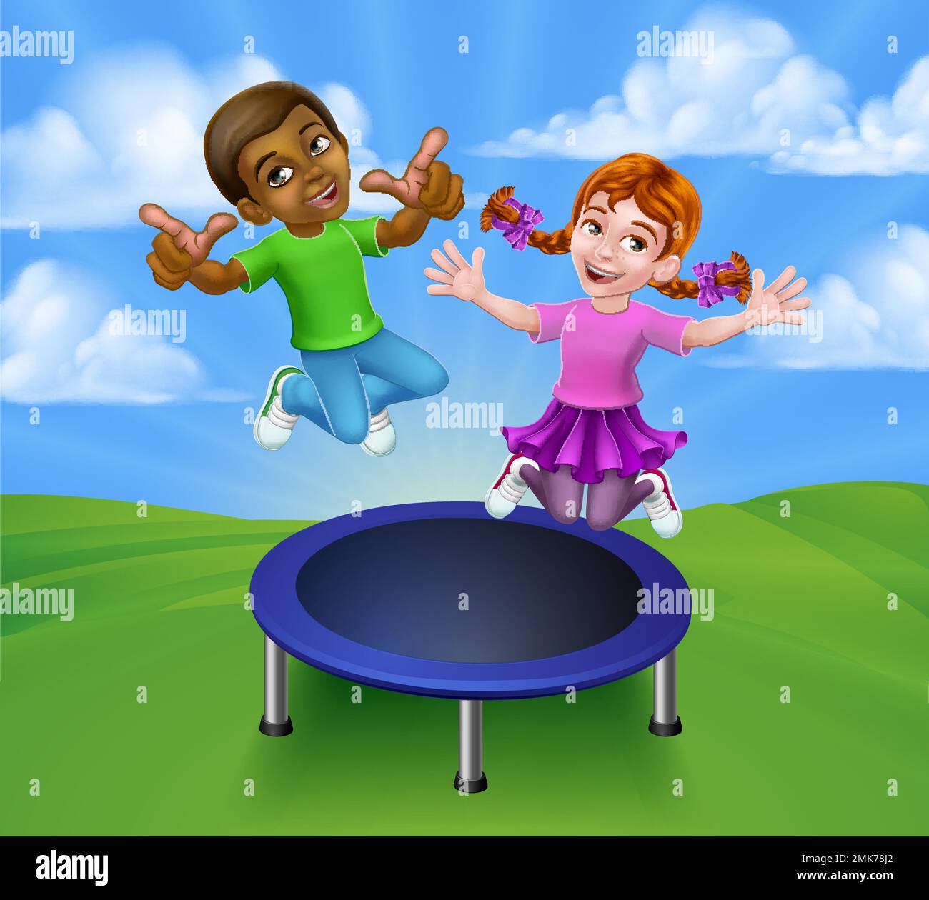 Kids Jumping On A Round Cartoon Trampoline Stock Vector