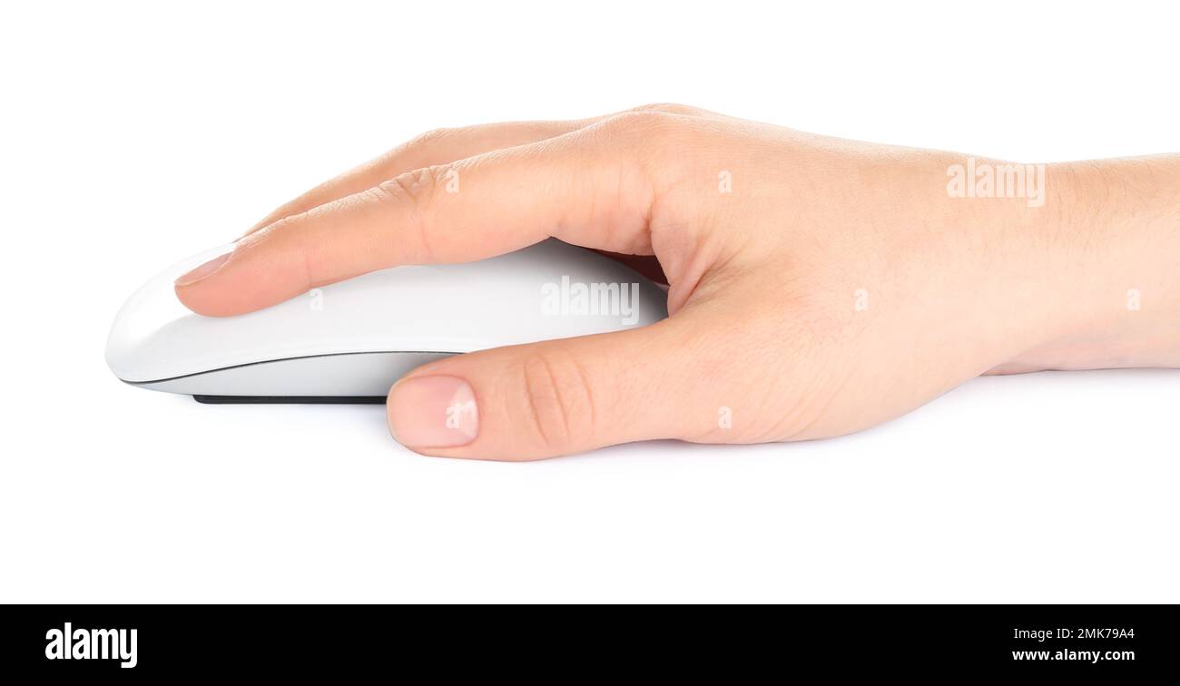 Woman using modern wireless optical mouse isolated on white, closeup Stock Photo