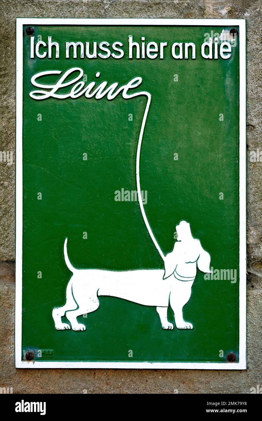 Old sign with dachshund on a leash, dogs on a leash, 1950s, Schloss Fasanerie, Eichenzell, Fulda, Hesse, Germany Stock Photo