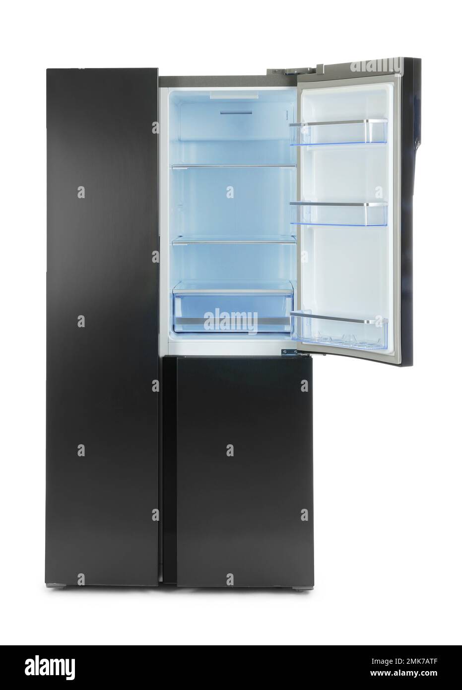 Modern stainless steel refrigerator isolated on white Stock Photo - Alamy