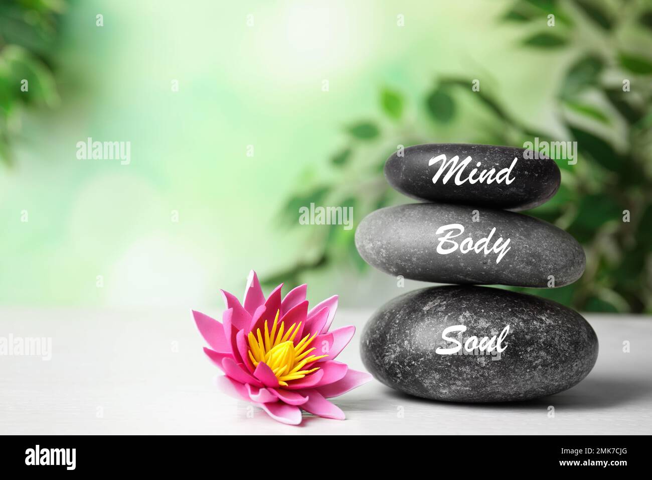 Stones with words Mind, Body, Soul and lotus flower on white wooden table.  Zen lifestyle Stock Photo - Alamy