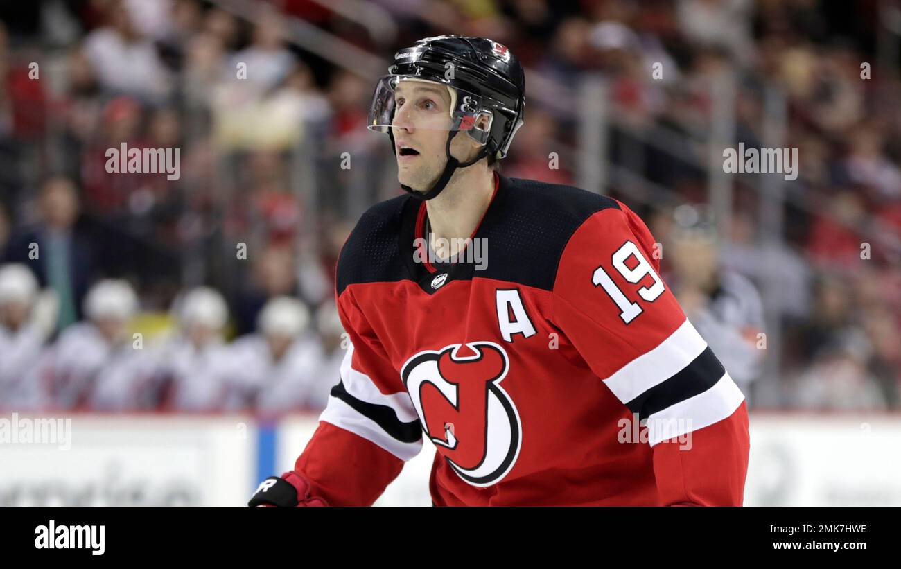 New Jersey Devils center Travis Zajac (19) warms up before the NHL game  between the New Jersey Devils and the Carolina Hurricanes on Sunday Mar.  27, 2016 at PNC Arena, in Raleigh