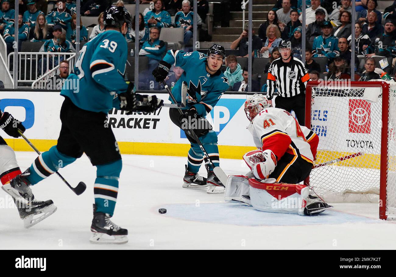 San Jose Sharks center Logan Couture, right, celebrates with right wing Timo Meier (28) after scoring a goal against the Vegas Golden Knights during the first period of an NHL hockey game