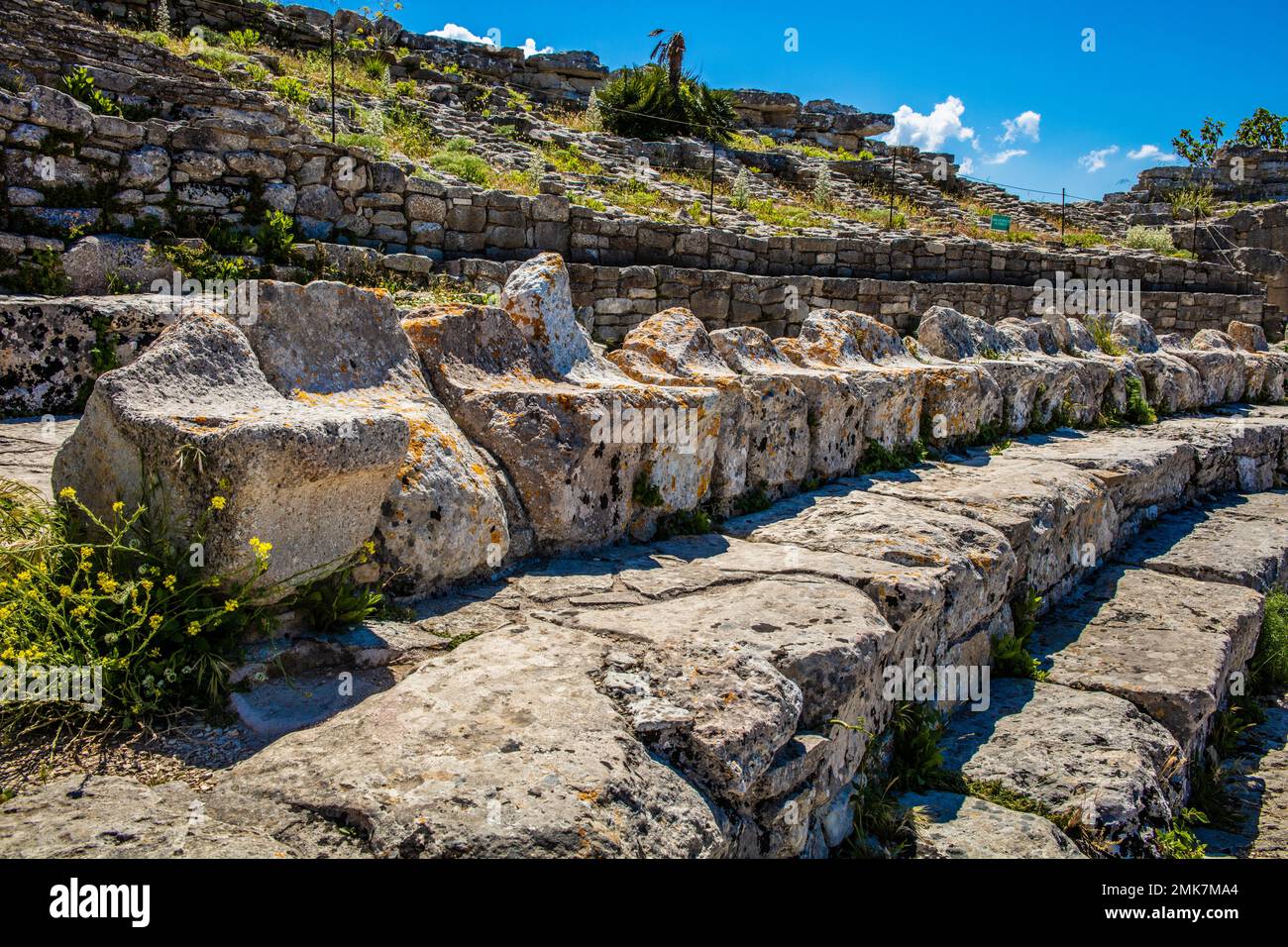 Hellenistic ancient theatre from the 3rd century BC with grandiose panorama, ruins of the city of Segesta founded by the Elymians, Sicily, Segesta Stock Photo