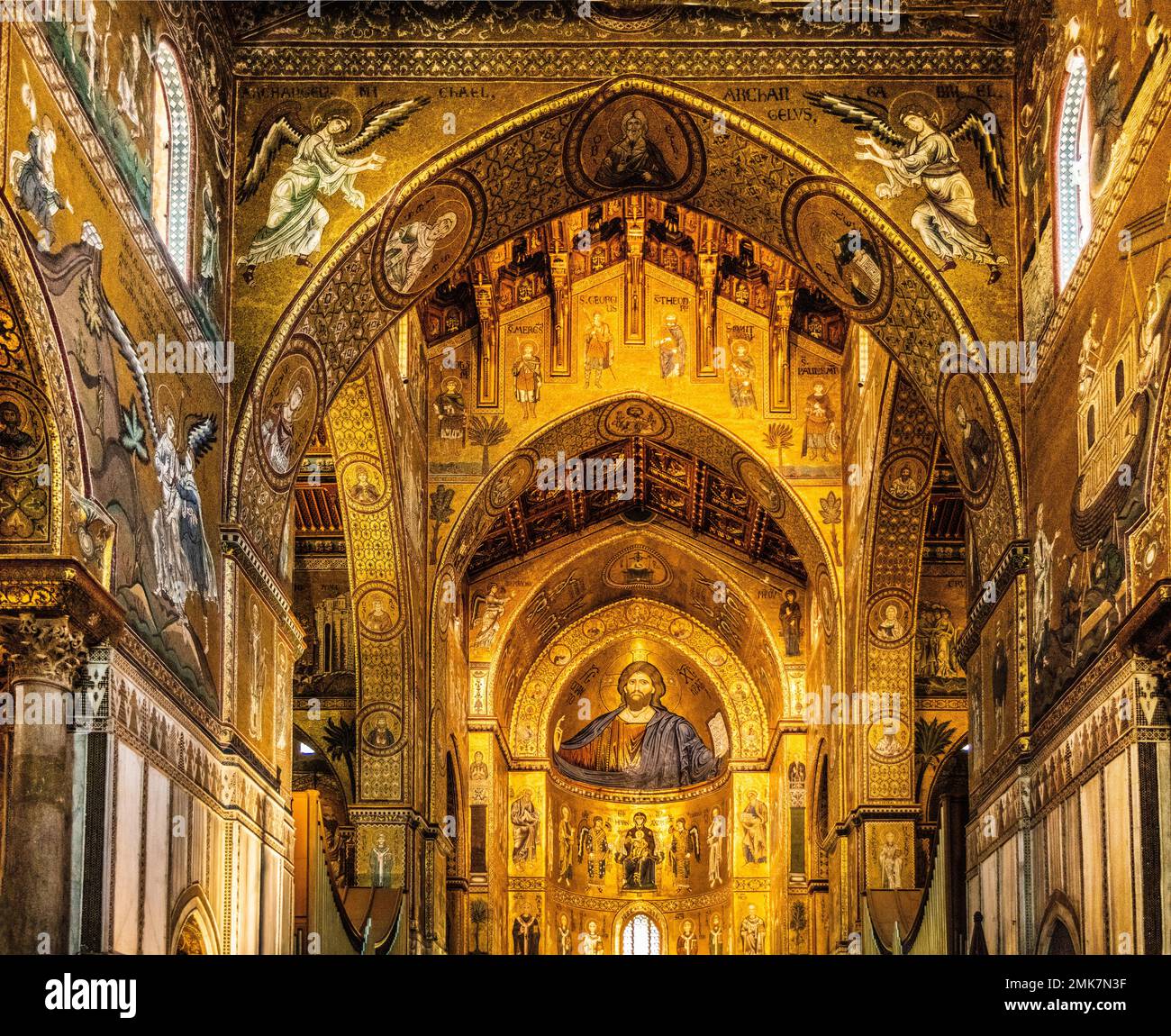 Christ Pantocrator, Byzantine gold ground mosaics, Monreale Cathedral, Santa Maria Nuova, Sicily, Monreale, Sicily, Italy Stock Photo