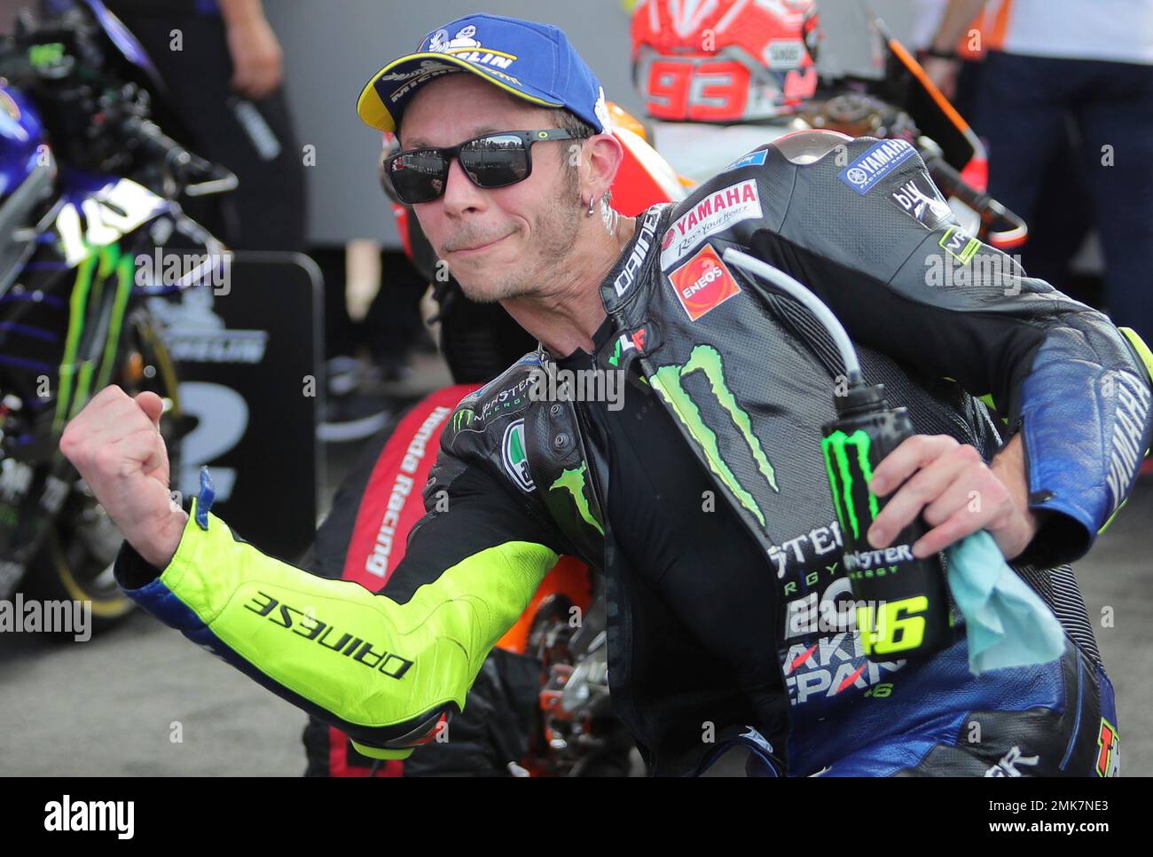 Valentino Rossi of Italy celebrates after winning second place in the Moto GP at the Termas de Rio Hondo circuit in Argentina, Sunday, March 31, 2019. (AP Photo/Nicolas Aguilera Stock Photo -