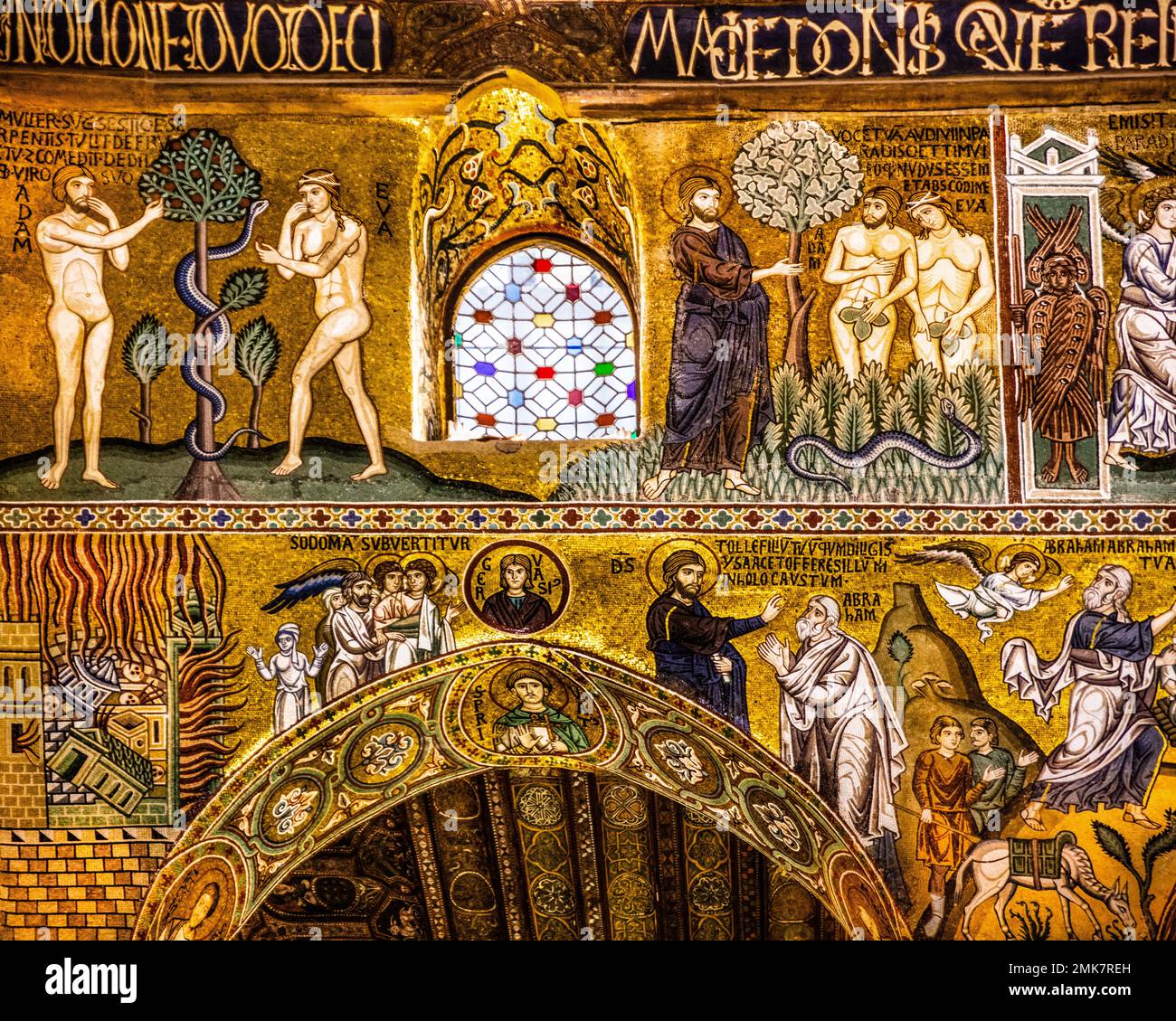 Adam and Eve and the Tree of Knowledge, Creation Story, elaborate gold mosaics with episodes from the Old and New Testatment, Norman Palace with the Stock Photo