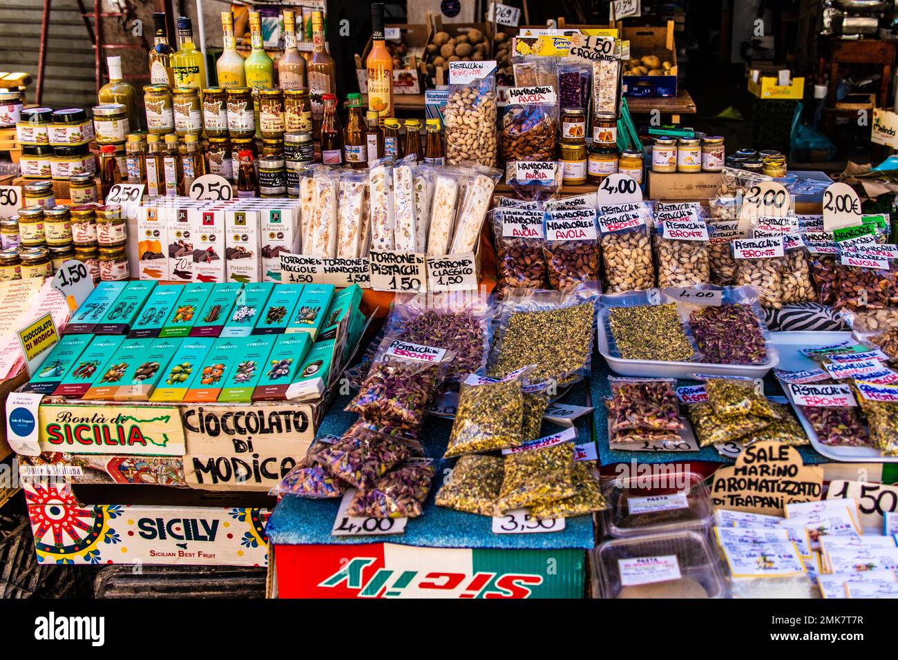 Spice stall, Ballaro market, most famous and ancient market of Palermo with oriental charm, Sicily, Palermo, Sicily, Italy Stock Photo