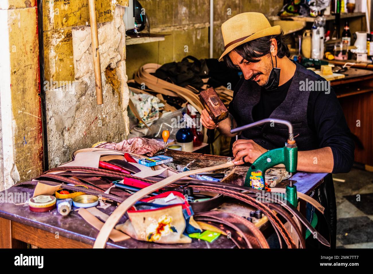 Belt makers, Ballaro market, the most famous and ancient market of Palermo with oriental charm, Sicily, Palermo, Sicily, Italy Stock Photo
