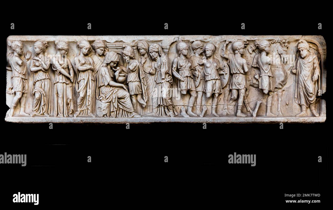 Sarcophagus with Amazons, 170 AD, Museo Archeologico Regionale Antonino Salinas, Collection of Etruscan, Roman, Egyptian and Greek Works, Palermo Stock Photo