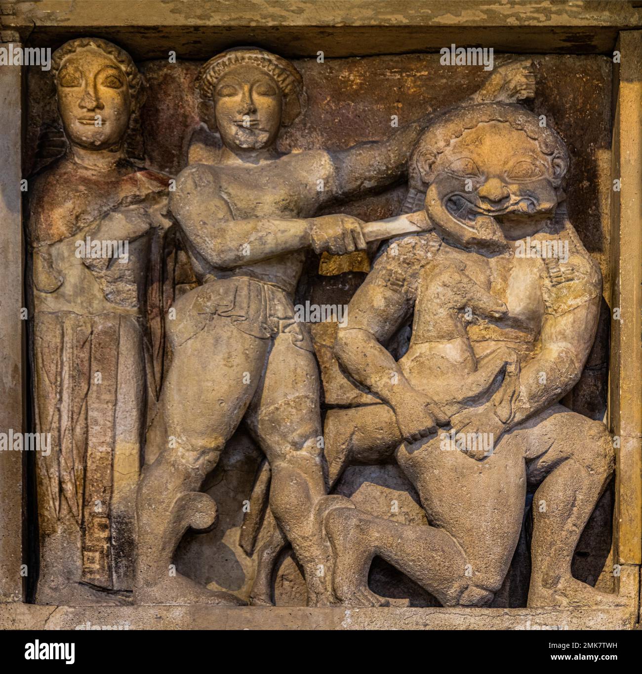 Athena, Perseus and Medusa with Pegasus, Metophen of the Tempesl Selinunte, Museo Archeologico Regionale Antonino Salinas, Collection of Etruscan Stock Photo