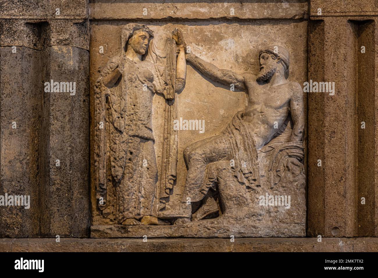 Maundering of Zeus with Hera, Metophen of the Tempesl Selinunte, Museo Archeologico Regionale Antonino Salinas, Collection of Etruscan, Roman Stock Photo