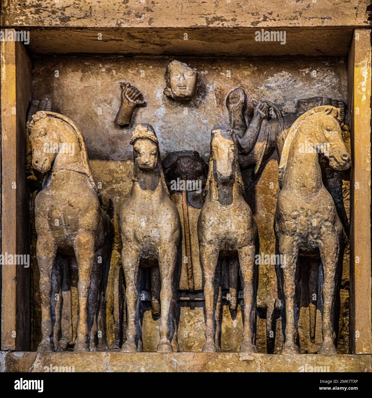 The Team of Helios, Metophen of the Tempesl Selinunte, Museo Archeologico Regionale Antonino Salinas, Collection of Etruscan, Roman, Egyptian and Stock Photo