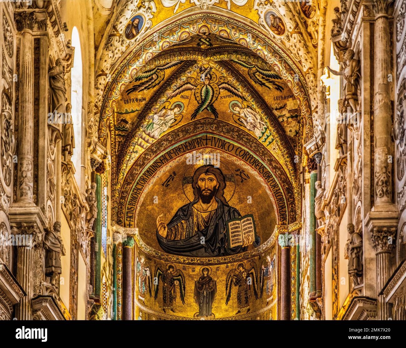 Mosaic Christ Pantocrator, Norman Cathedral Santissimo Salvatore, Cefalu with picturesque old town, Cefalu, Sicily, Italy Stock Photo