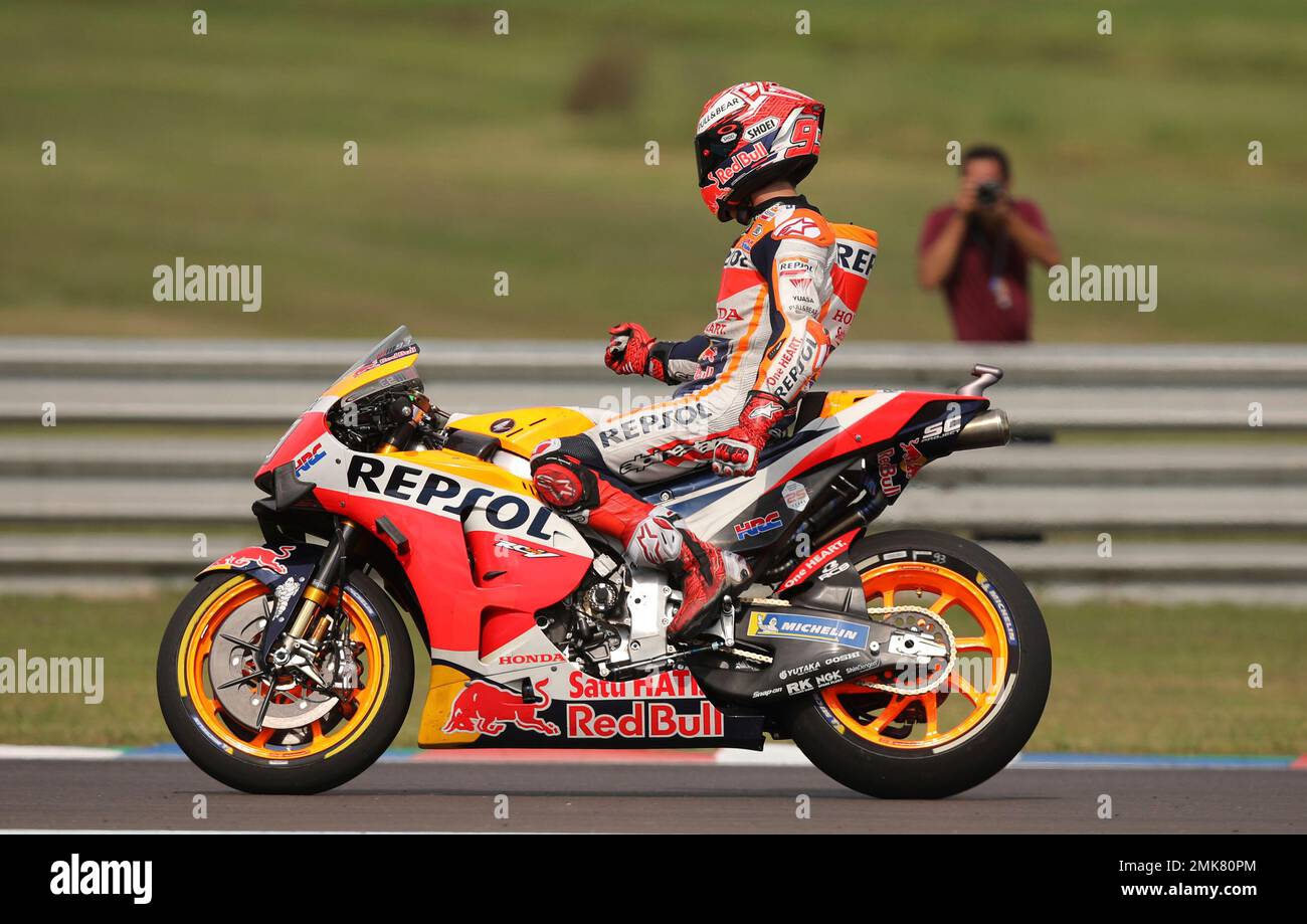 Marc Marquez of Spain celebrates winning the first position during a Moto GP  qualifying run at the Termas de Rio Hondo circuit in Argentina, Saturday,  March 30, 2019. (AP Photo/Nicolas Aguilera Stock