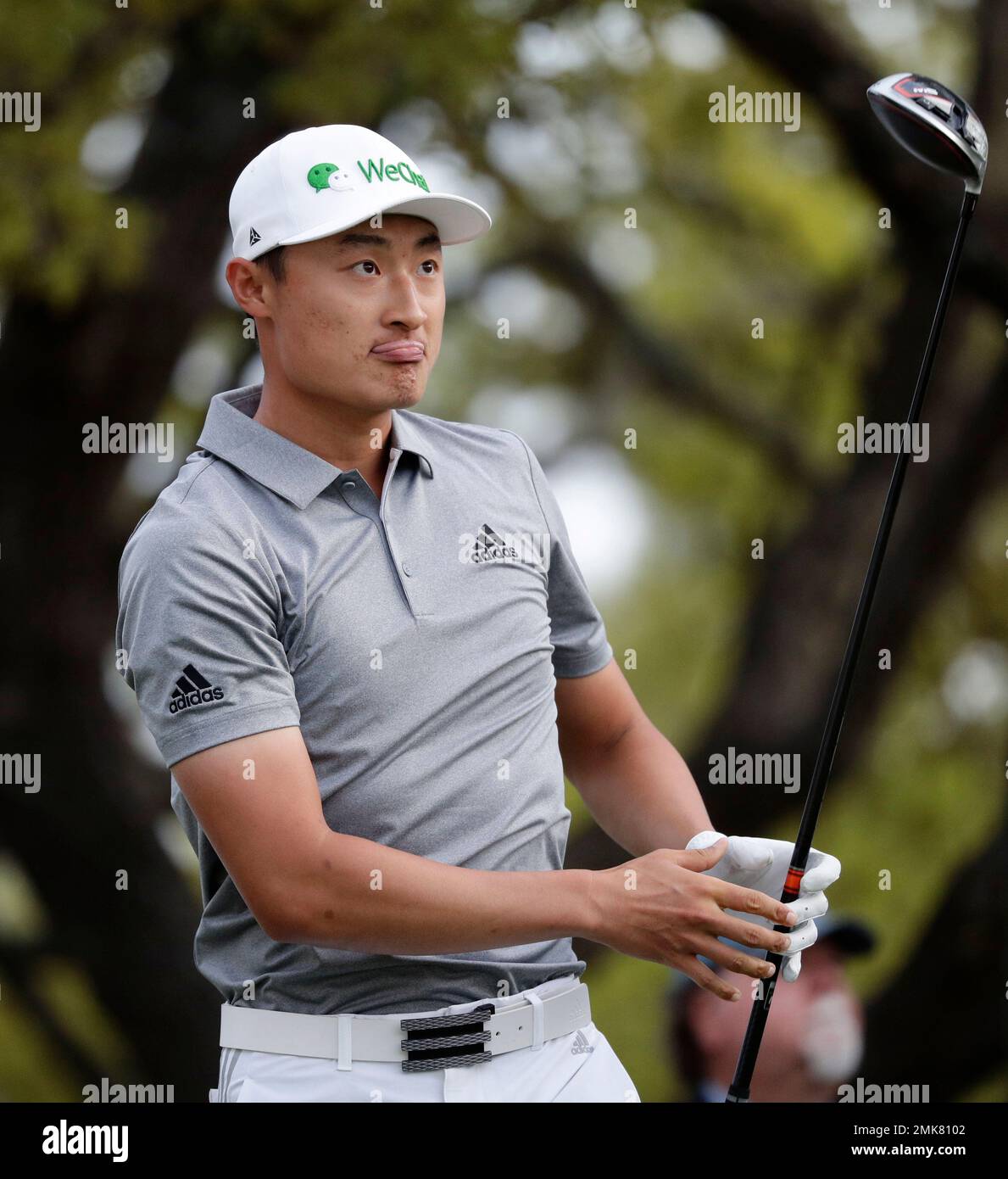 Hao Tong Li watch his drive on the first hole during fourth round play at the Dell Technologies Match Play Championship golf tournament, Saturday, March 30, 2019, in Austin, Texas