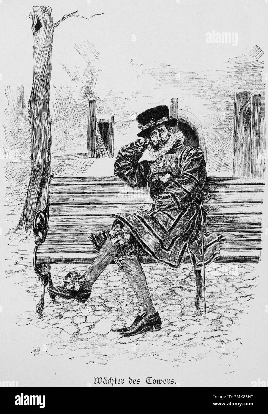 Sitting Beefeater, Guardian of the Tower, Royal Palace, London, historical illustration, wood engraving, 19th century Stock Photo