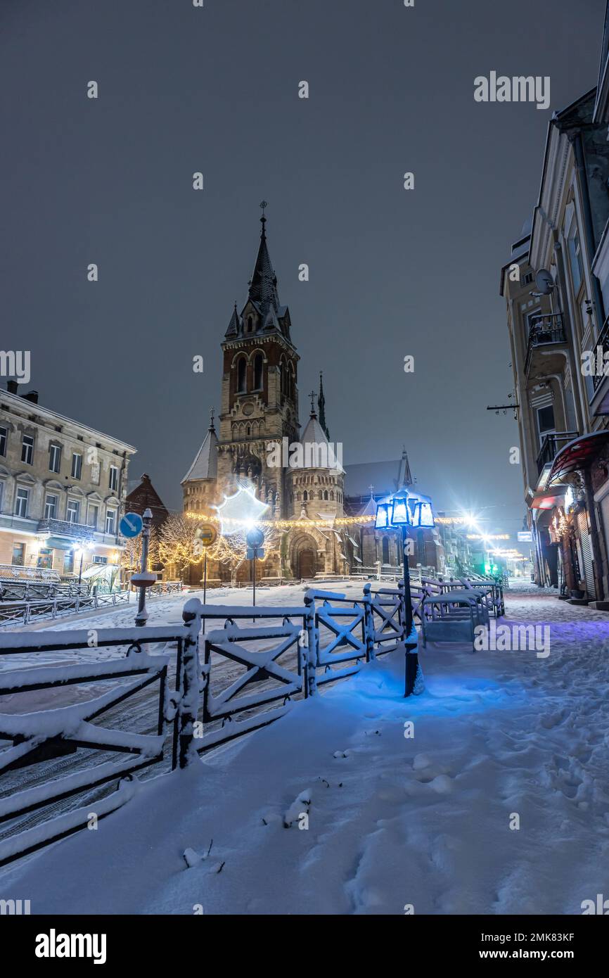 Church of St. Stanislav in Chortkiv, Ukraine. winter night view. Stock Photo