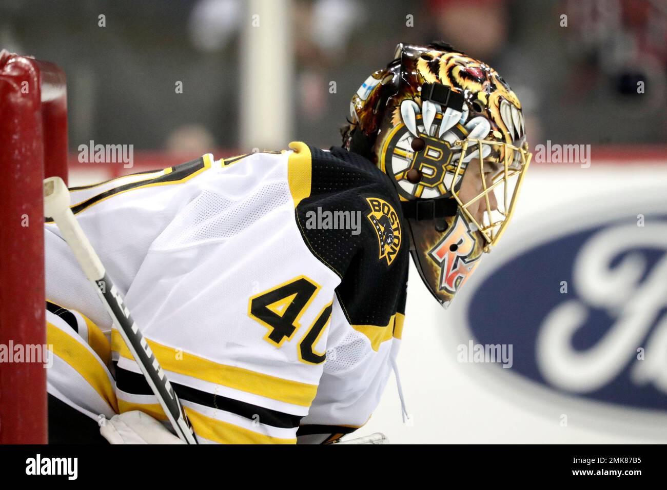 Boston Bruins goaltender Tuukka Rask of Finland guards his net against the New Jersey Devils during the second period of an NHL hockey game Thursday March 21 2019 in Newark N.J. AP