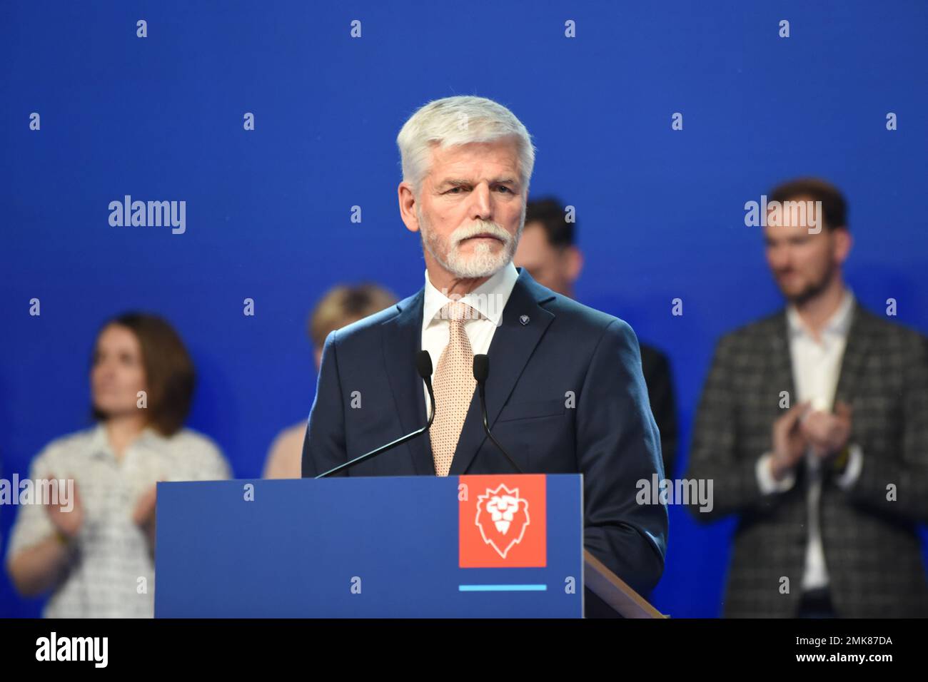 Prague, Czech Republic. 28th Jan, 2023. Winner of Czech presidential elections and former military general Petr Pavel seen on stage at his campaign headquarter in Prague on the second day of the second round of the Czech presidential elections. Petr Pavel wins the presidential elections, outpacing former Czech prime minister, chairman of political movement ANO and billionaire Andrej Babis. (Photo by Tomas Tkacik/SOPA Images/Sipa USA) Credit: Sipa USA/Alamy Live News Stock Photo