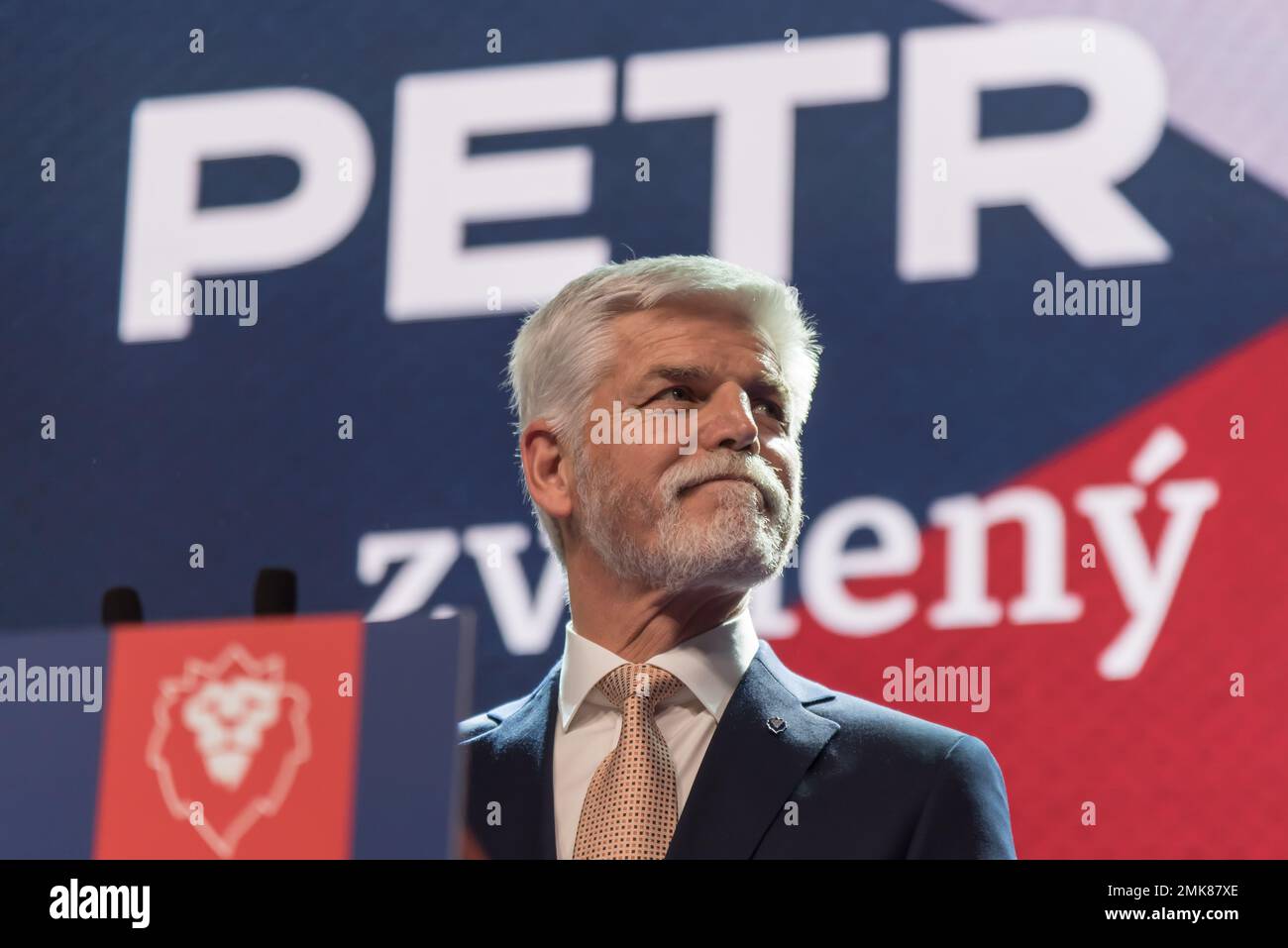 Prague, Czech Republic. 28th Jan, 2023. Winner of Czech presidential elections and former military general Petr Pavel seen on stage at his campaign headquarter in Prague on the second day of the second round of the Czech presidential elections. Petr Pavel wins the presidential elections, outpacing former Czech prime minister, chairman of political movement ANO and billionaire Andrej Babis. (Photo by Tomas Tkacik/SOPA Images/Sipa USA) Credit: Sipa USA/Alamy Live News Stock Photo