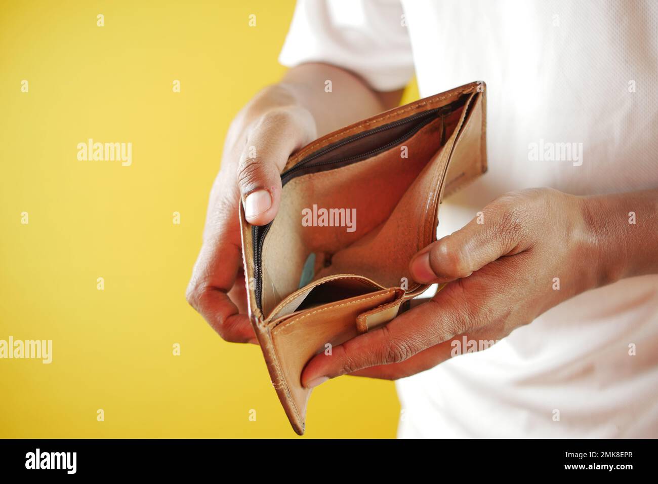 Man hand open an empty wallet with copy space. Stock Photo