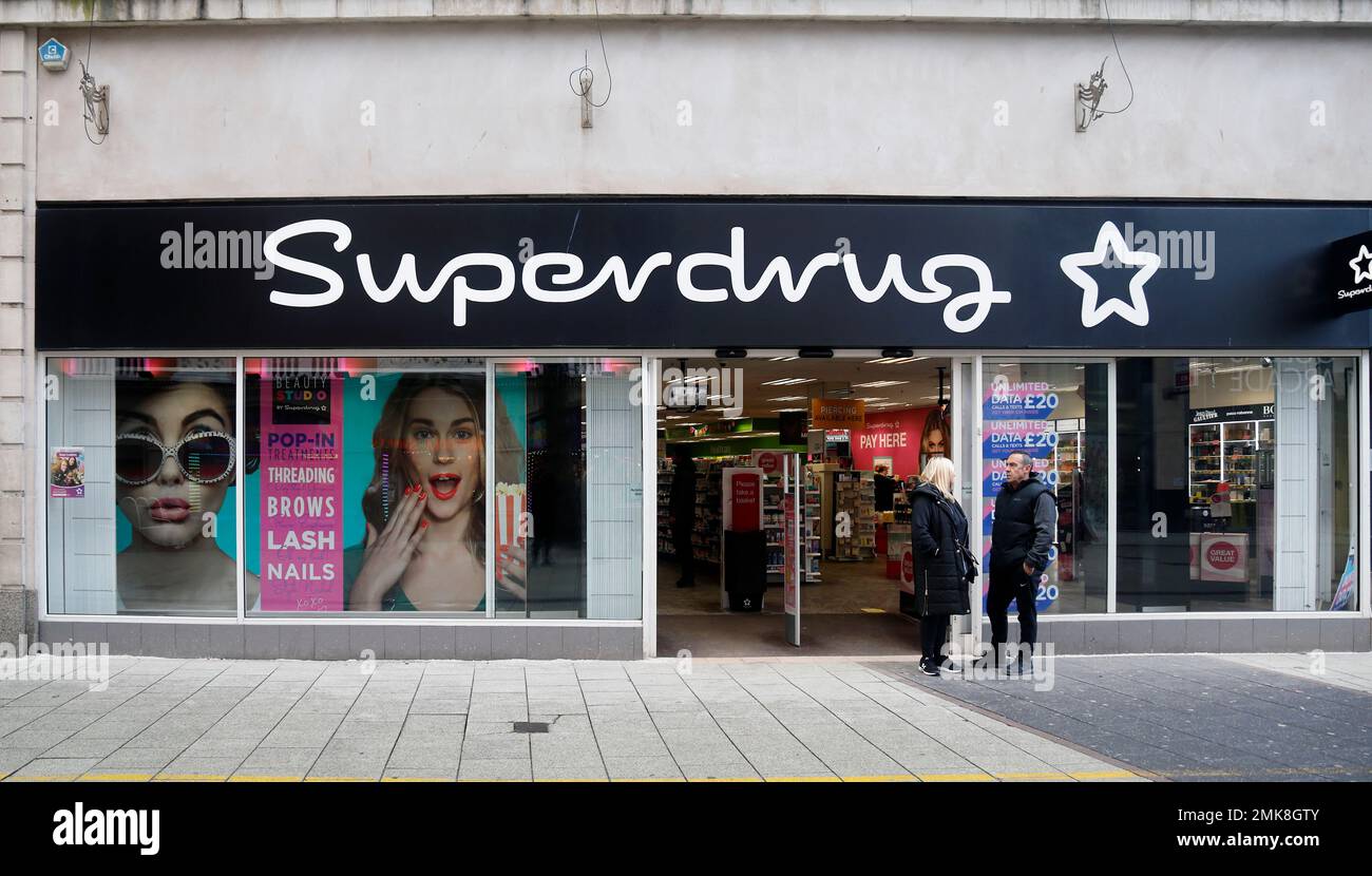 Superdrug store front, Queen Street, Cardiff, South Wales. January 2023