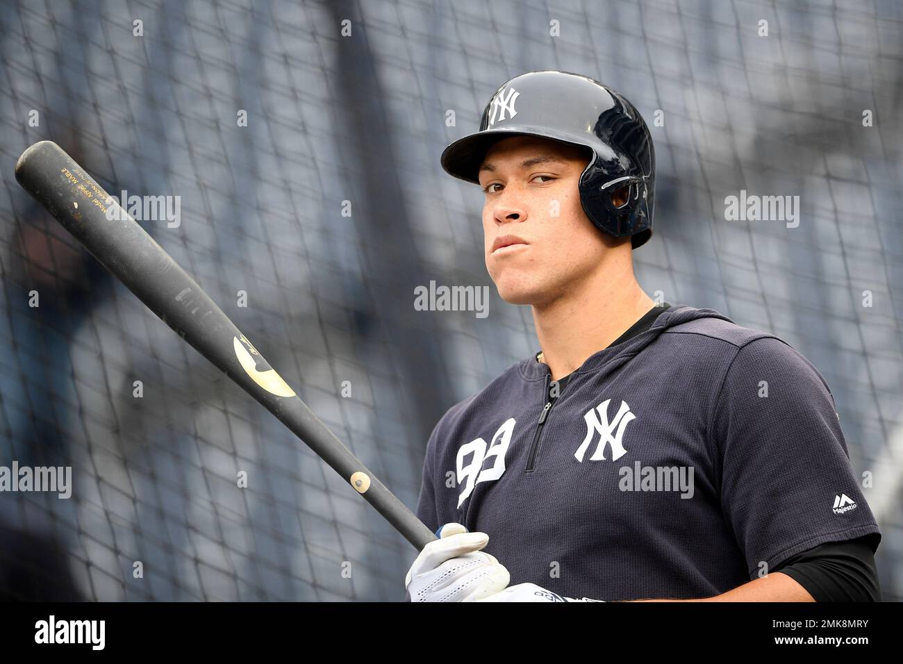 New York Yankees right fielder Aaron Judge stands on the field during batting  practice before an exhibition baseball game against the Washington  Nationals, Monday, March 25, 2019, in Washington. (AP Photo/Nick Wass