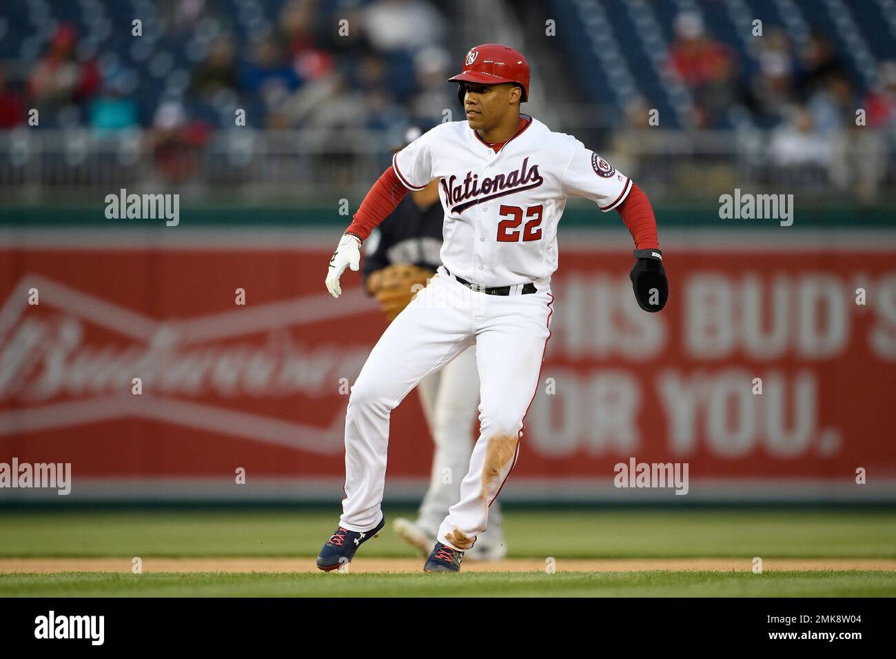 Juan Soto of the Washington Nationals takes a lead off second base in