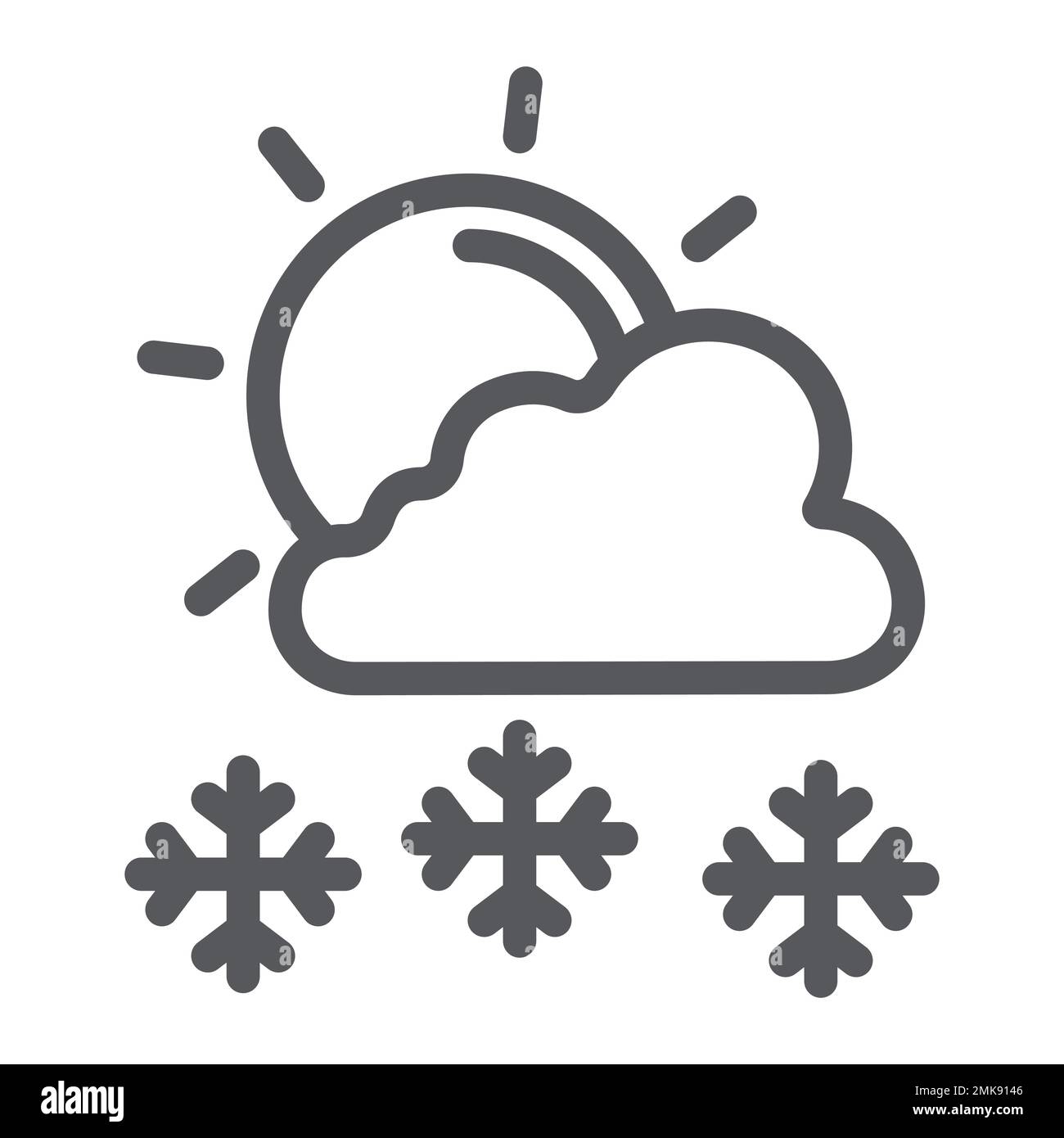 Snowfall in sunny day line icon, weather and forecast, sun and snow