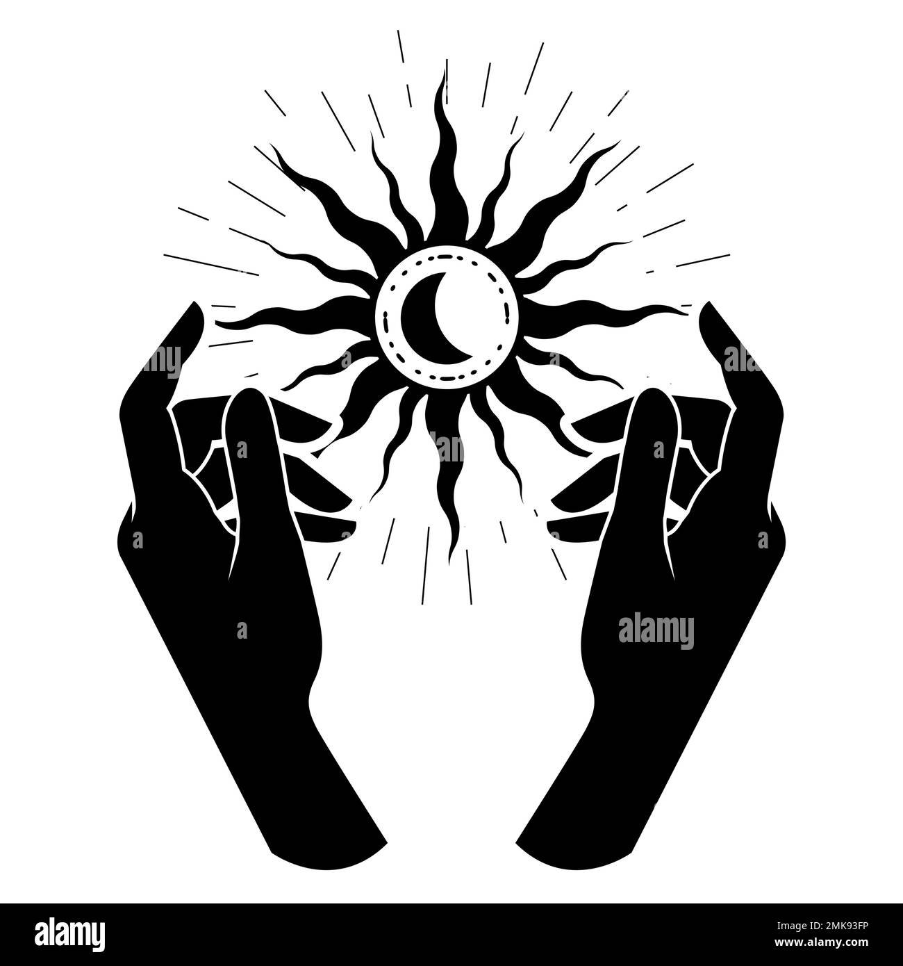 Witch hands hold sun, black star with moon, occultism and esoteric practice,  mystical spells and witchcraft, vector Stock Vector