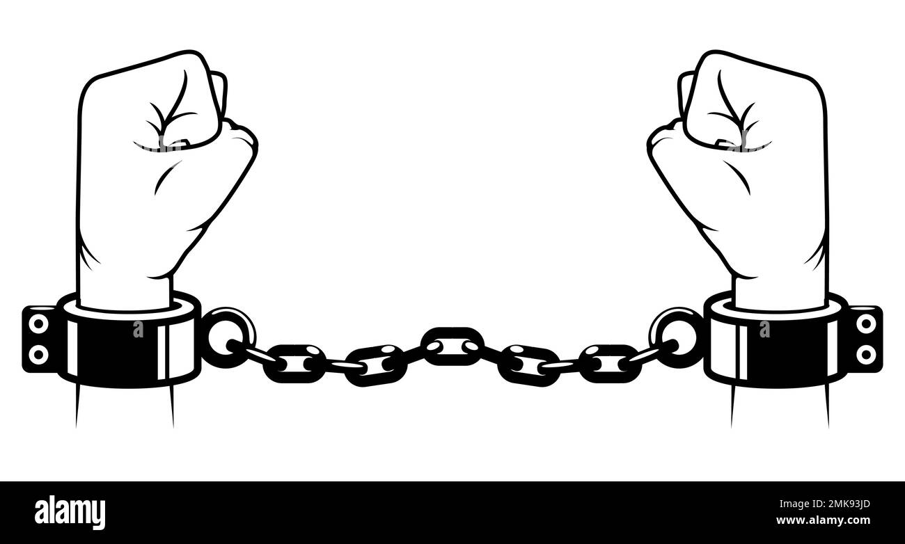 Slave hands with shackles on wrists, handcuffed prisoner, fetter  or manacle on fists, debt concept , vector Stock Vector