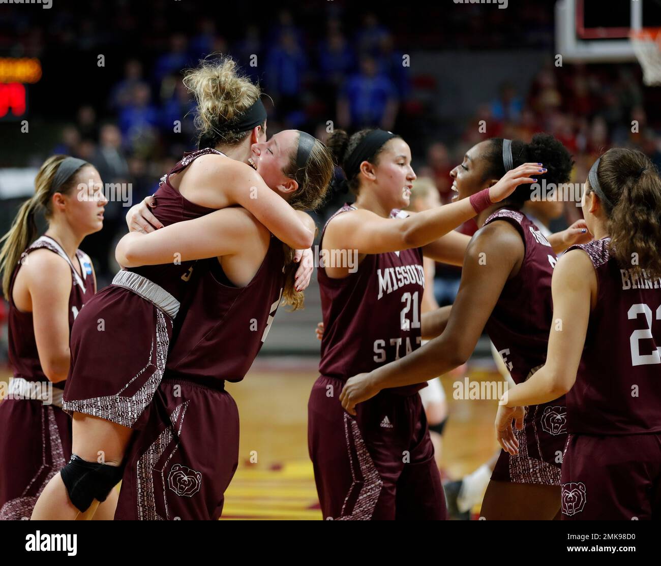 Missouri State Forward Abby Hipp, Center, Hugs Guard Elle Ruffridge 